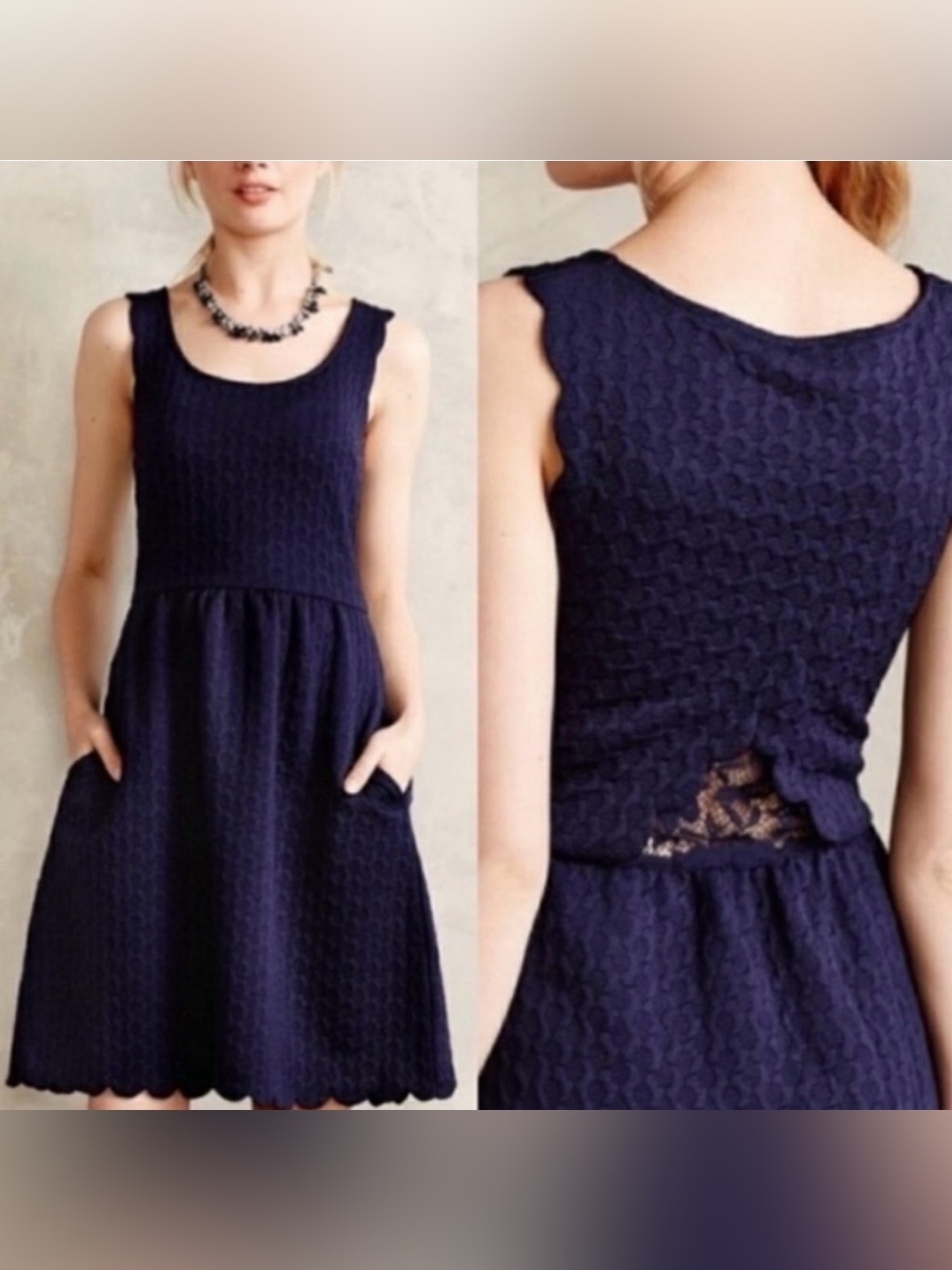 Anthropologie Maeve Laure Scallop Hem Cross Back Midi Dress Size Small Navy Blue